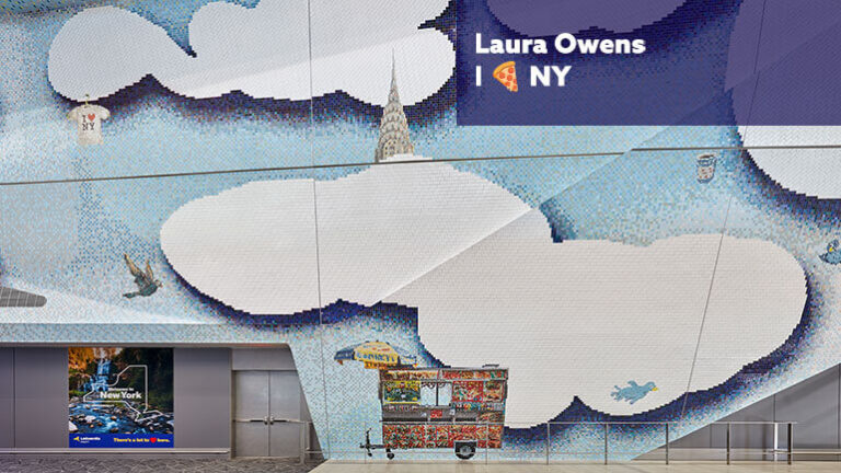 Laura Owens' "I [Pizza] NY" art installation at Terminal B