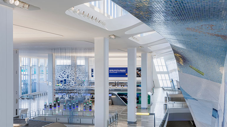 View of Terminal B Departure Hall and Sara Sze's "Shorter than the Day" art installation